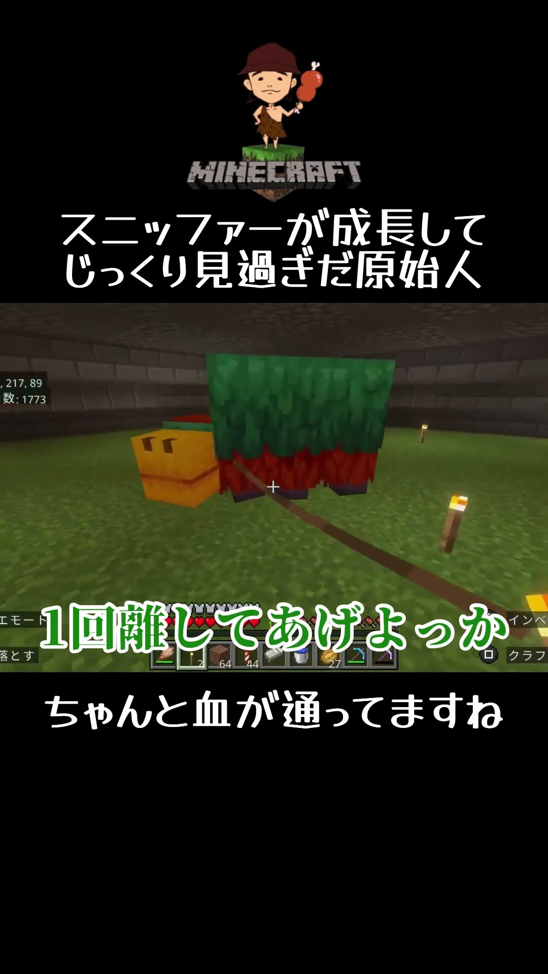 #マインクラフト #shorts スニッファーが成長してじっくり見過ぎた原始人！ちゃんと血が通ってますね！ – YouTube